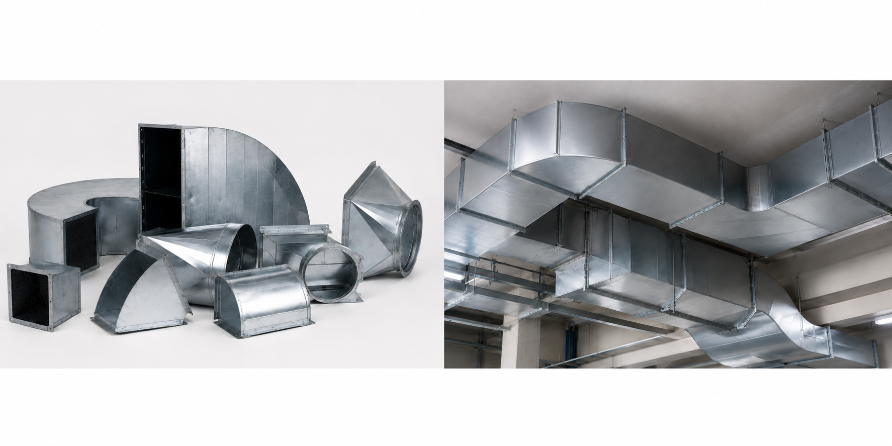 Kanalbauteile aus verzinktem Stahl und installiertes Kanalsystem einer industriellen Absauganlage