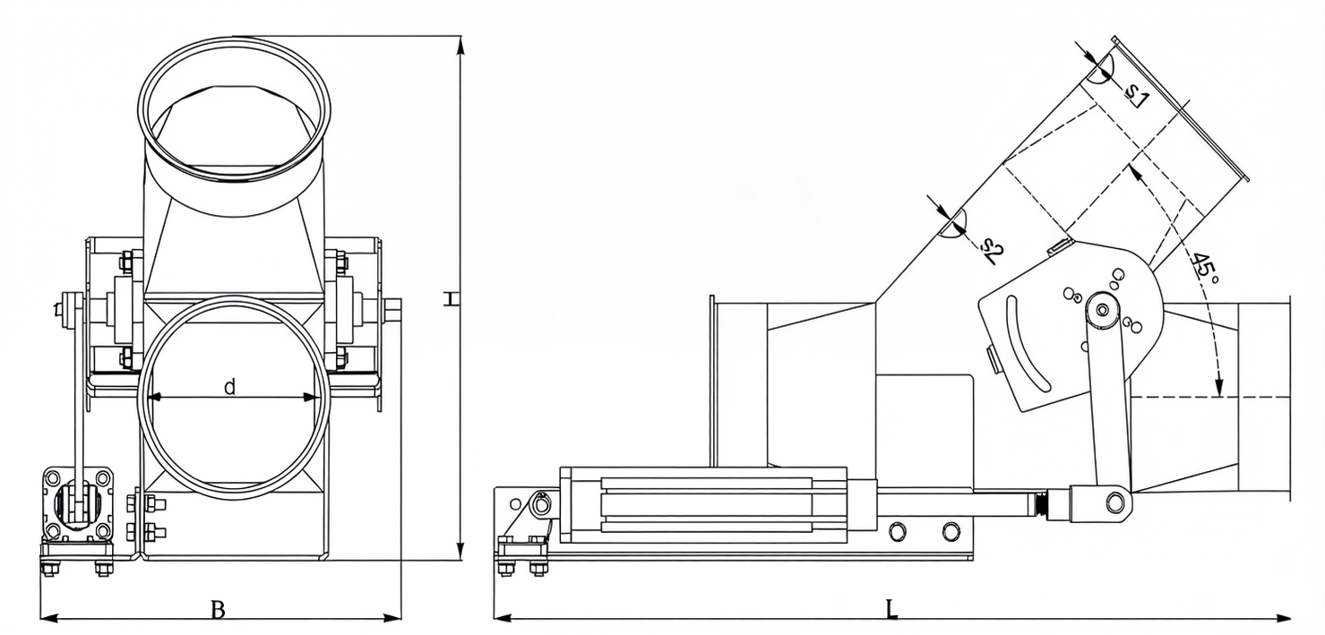 Umschaltweiche Abzweig 45° pneumatisch